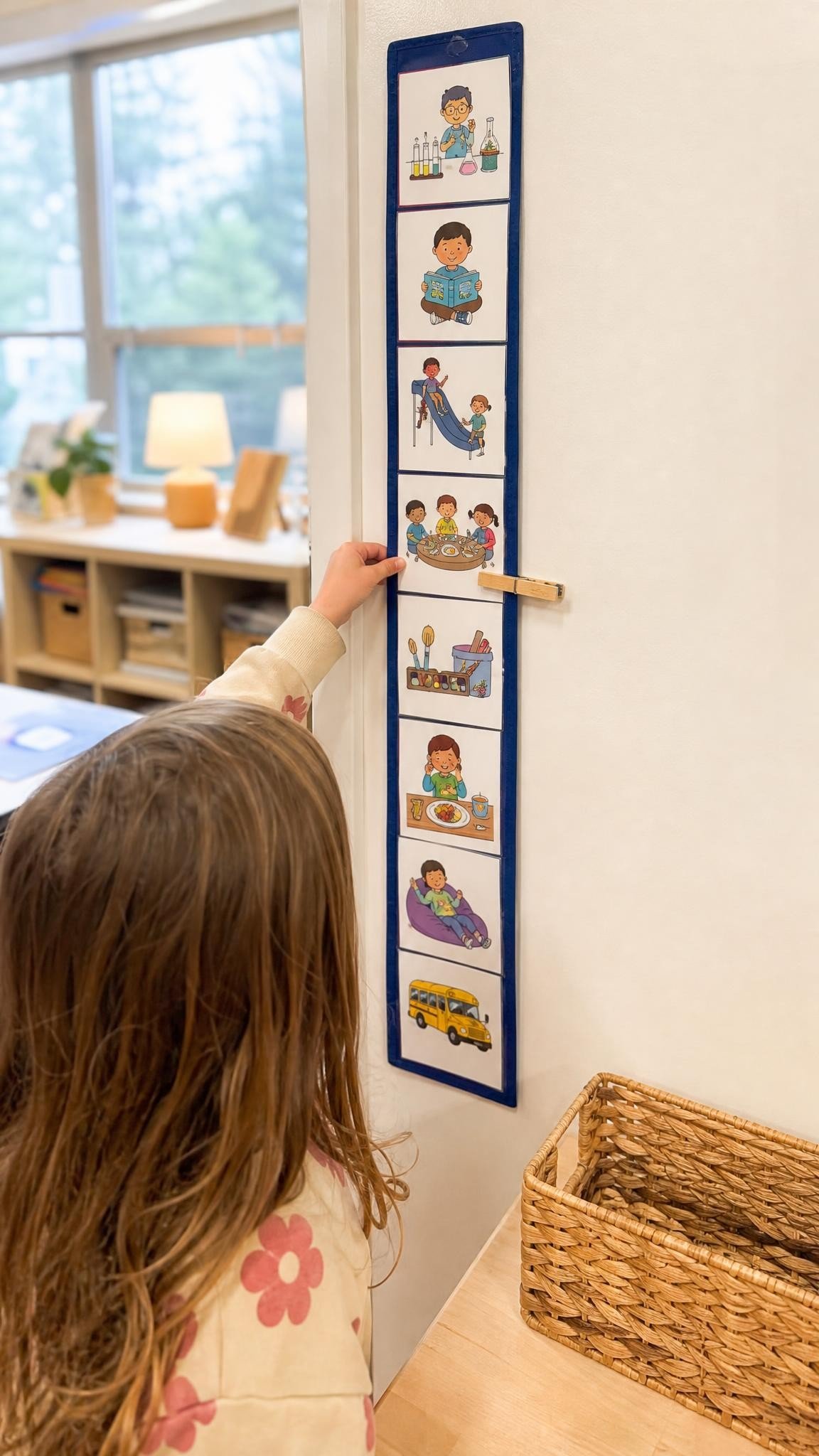 A vertical picture schedule of colorful illustrated cards on a classroom wall at child height with a wooden clothespin marking the current card