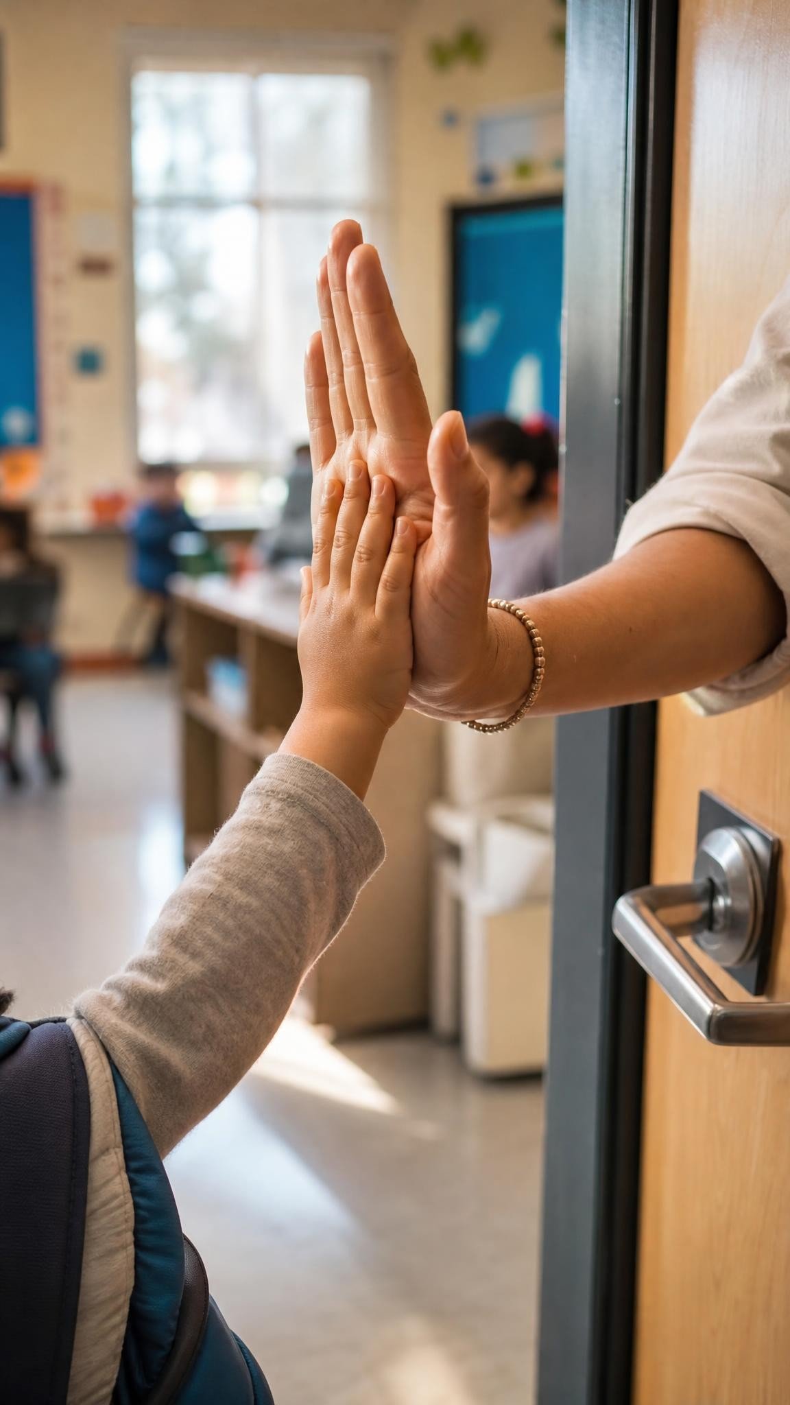 A close up of a teacher hand giving a high five to a small child hand at a classroom doorway, warm morning light