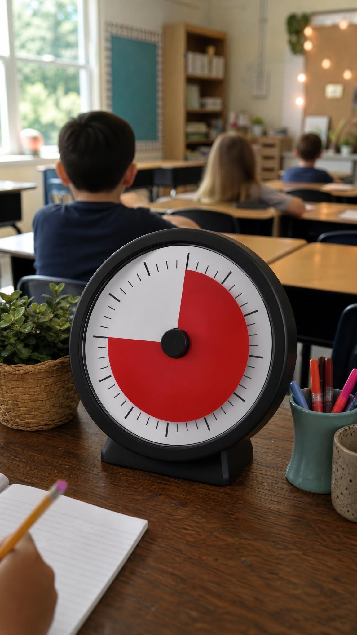 A large visual countdown timer with a red disc sitting on a wooden teacher desk, elementary classroom blurred behind