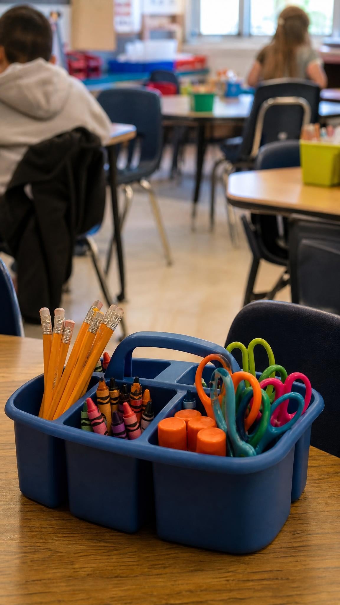 A plastic supply caddy on a student table filled with pencils, crayons, glue sticks and scissors, other tables blurred behind