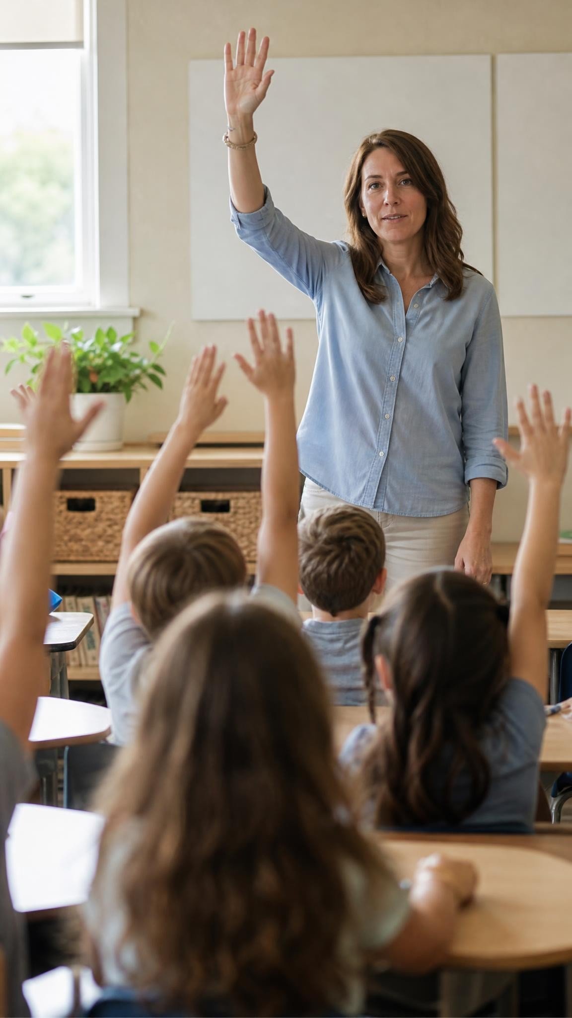 A teacher raising one hand in front of an elementary class, children seen from behind with hands raised and turned toward her, calm bright classroom