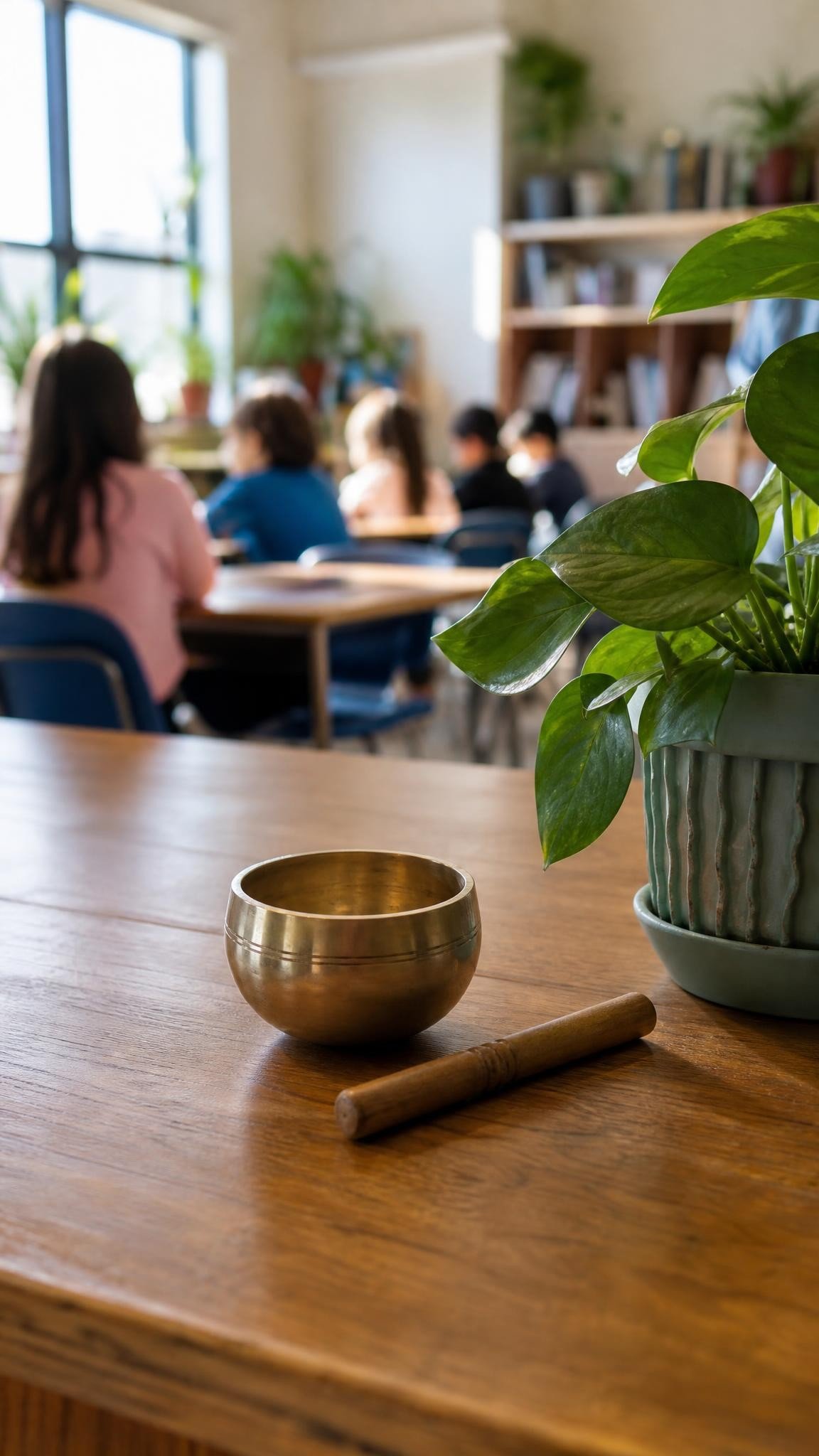 A small brass meditation chime and striker on a wooden teacher desk beside a plant, soft morning light