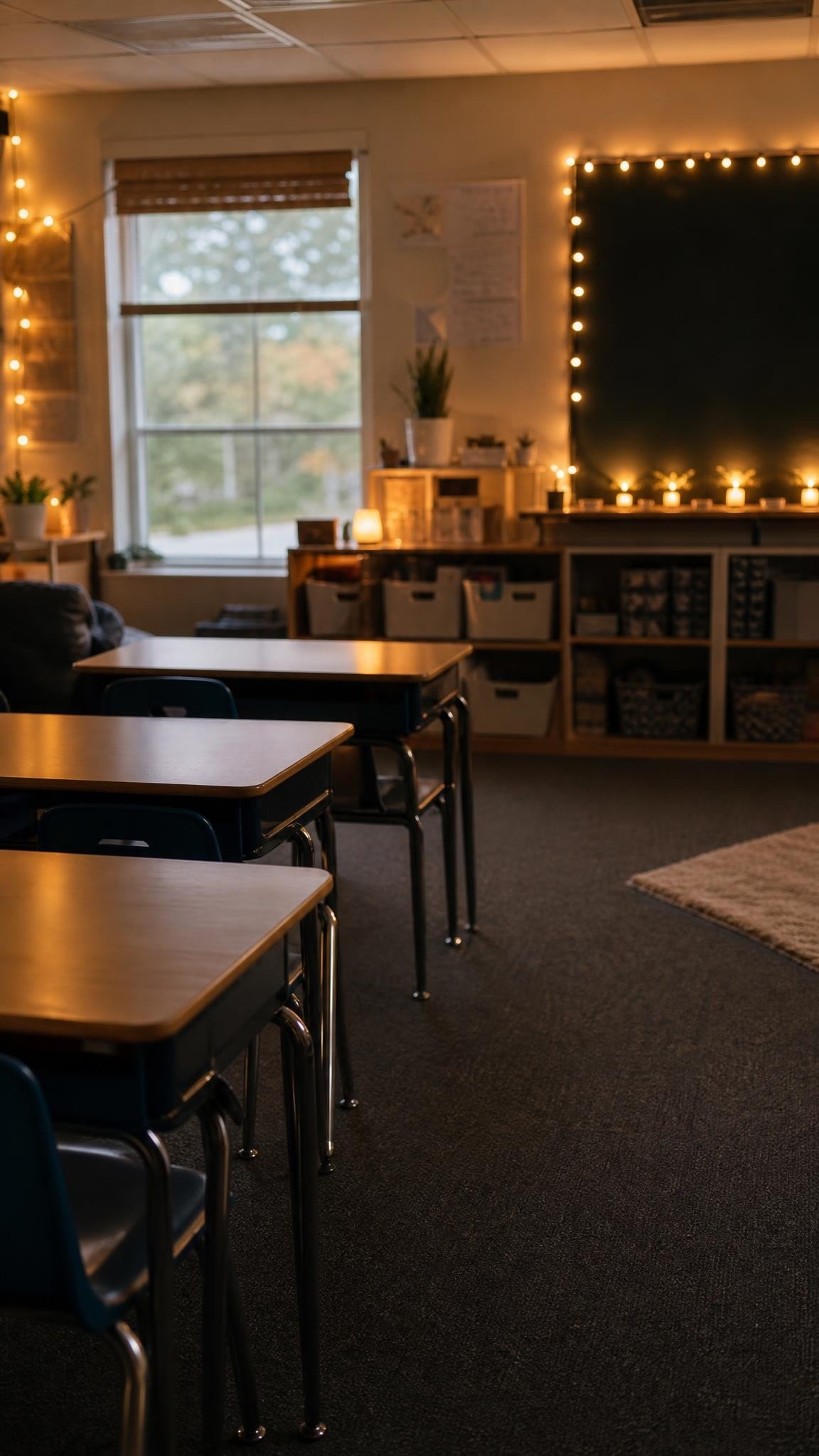 A calm elementary classroom with the main lights dimmed and only warm string lights glowing, empty desks and chairs neatly pushed in