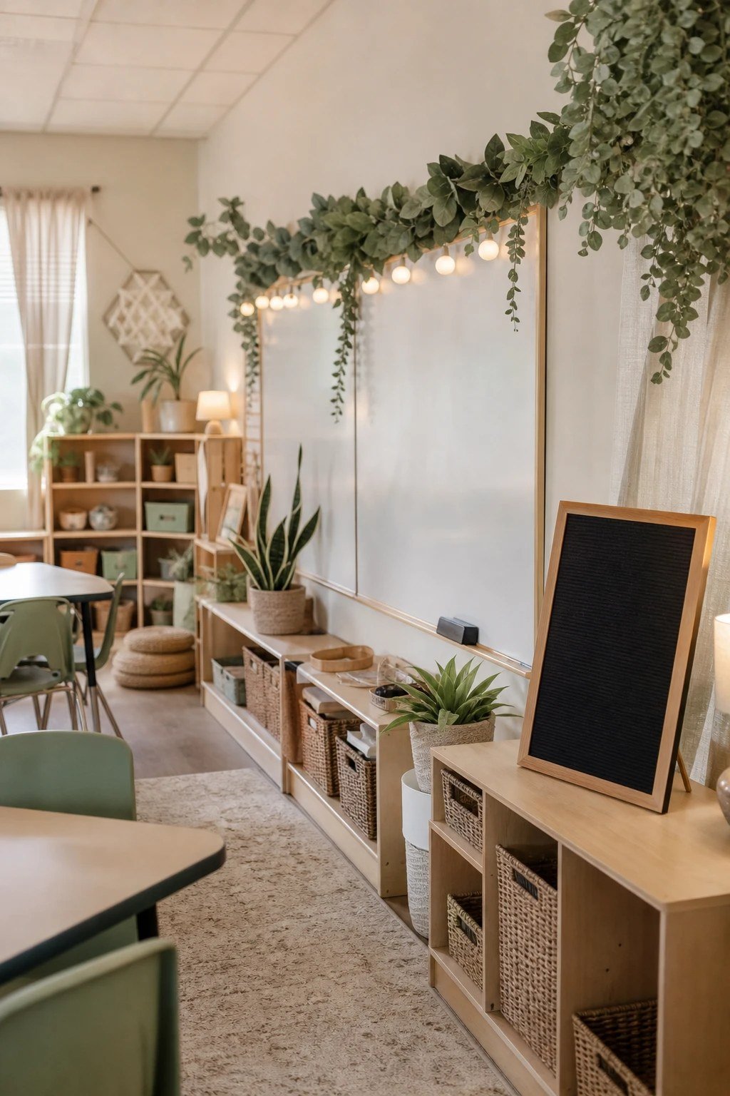Calm, organized elementary classroom with string lights, greenery and labeled storage