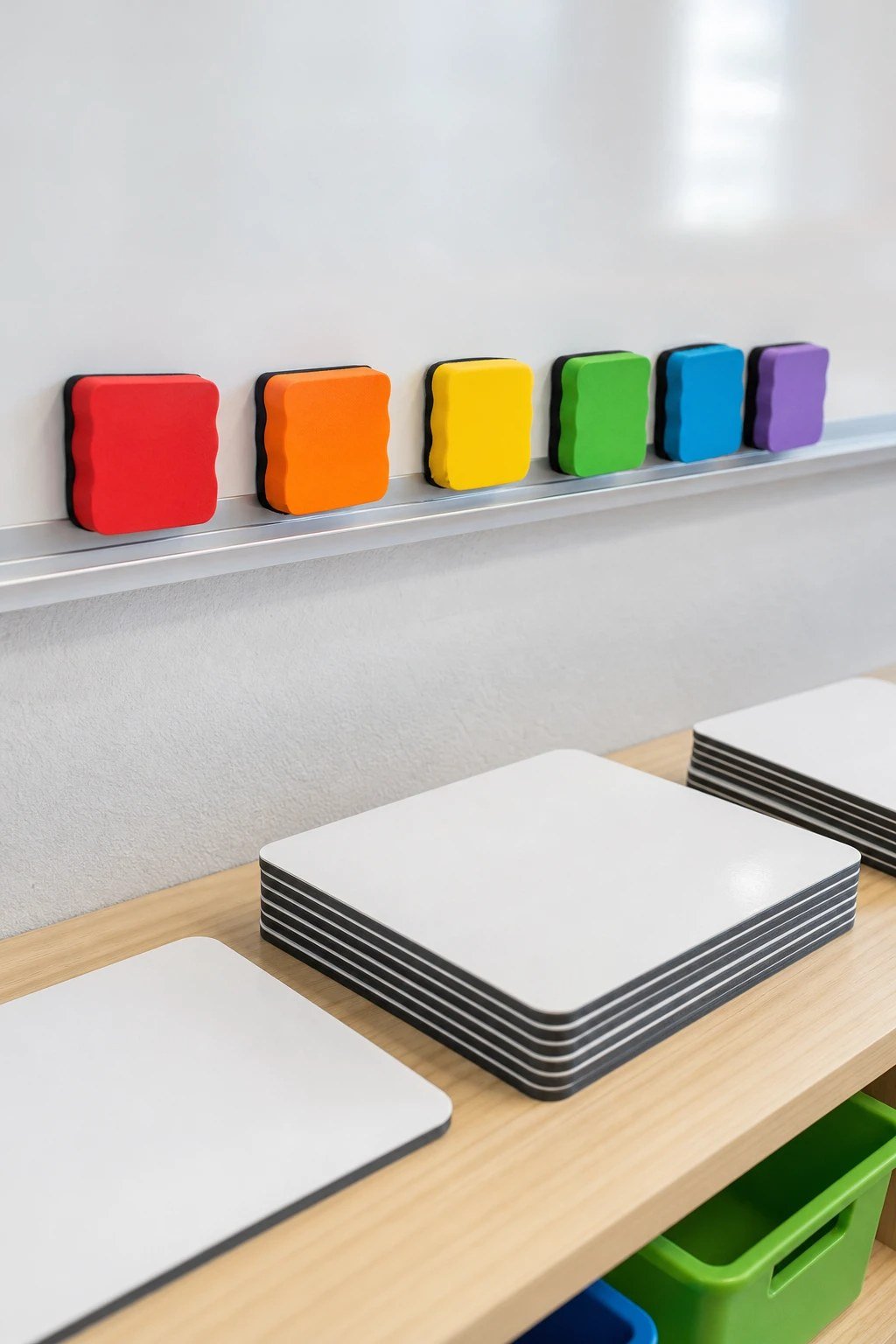 Magnetic whiteboard erasers in a classroom