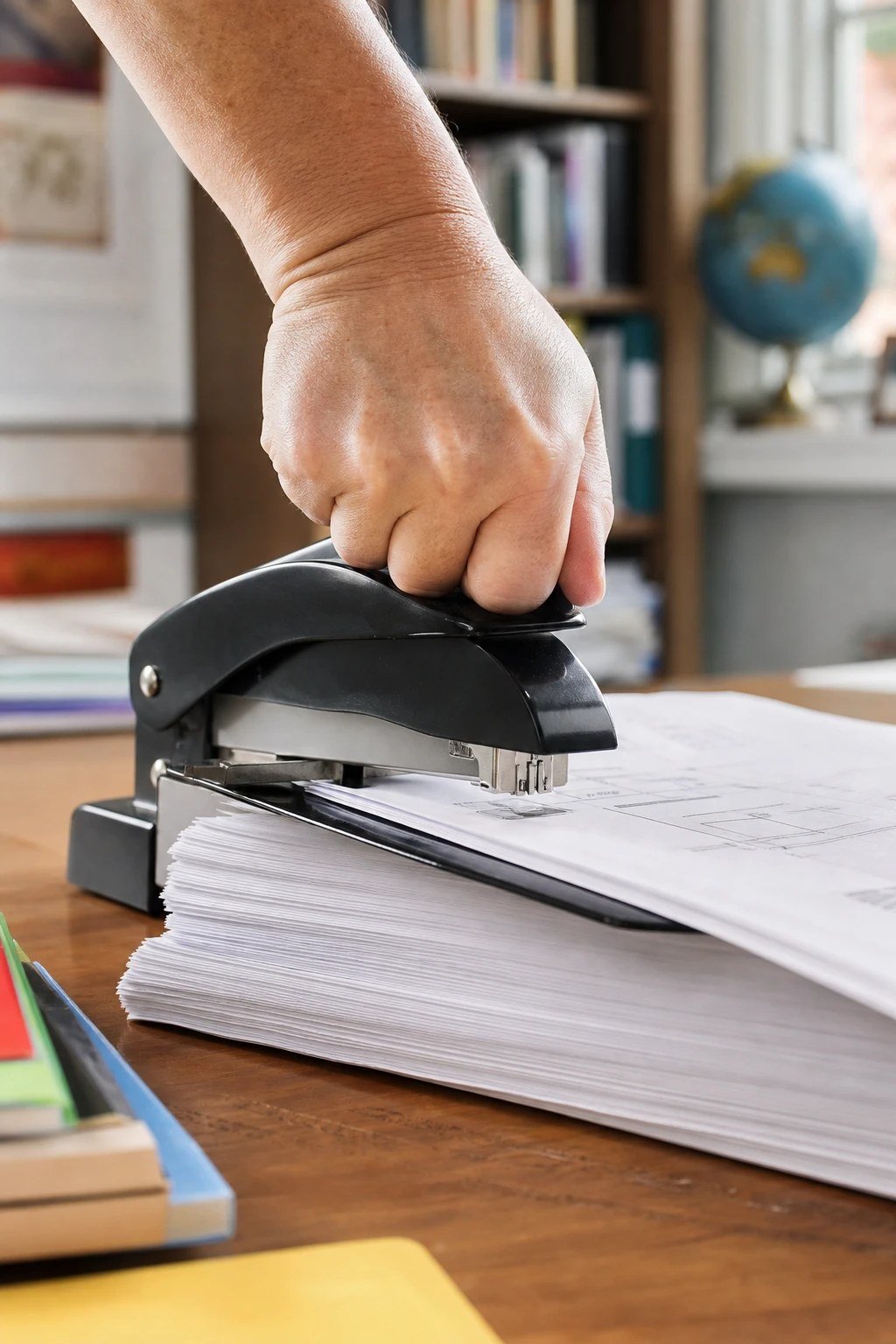 Heavy duty metal stapler on a teacher desk