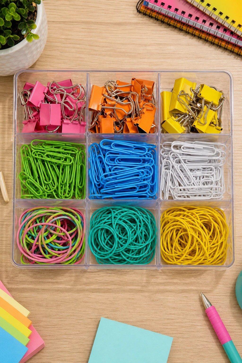 Binder clips and office supplies sorted in a box