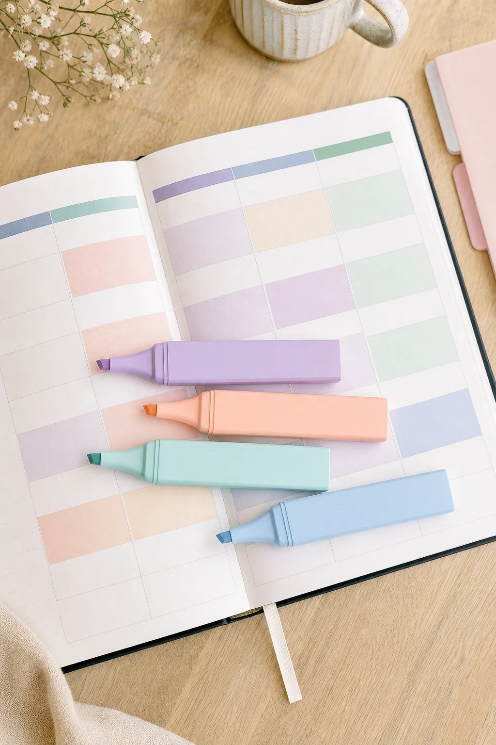 Pastel highlighters on a teacher planner