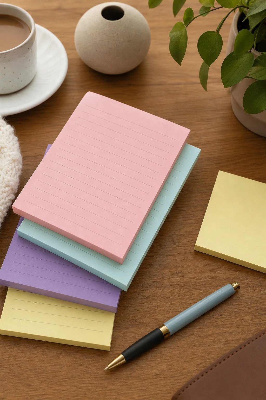 Colored note pads on a teacher desk