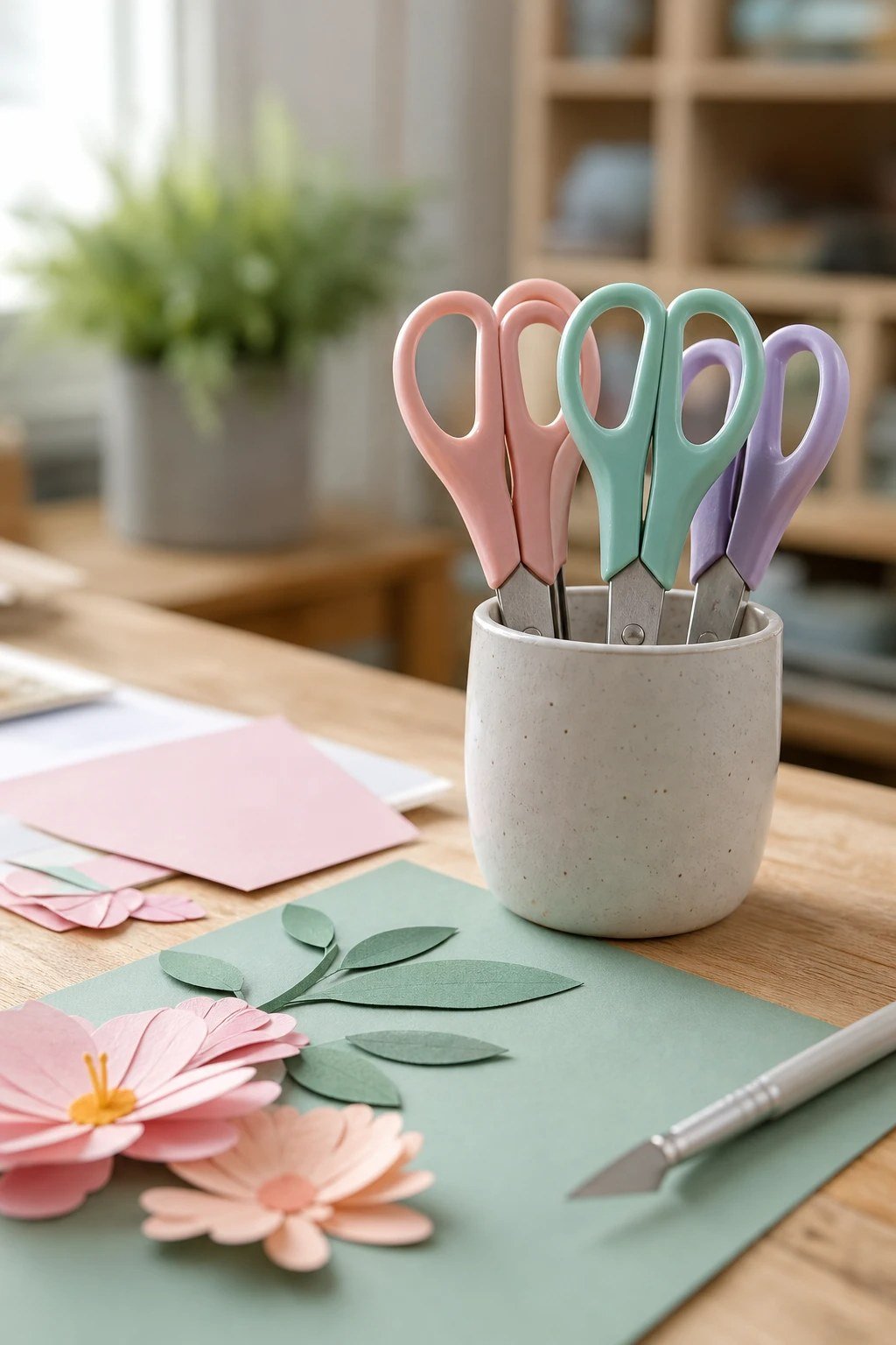 Pastel scissors in a pot on a teacher desk