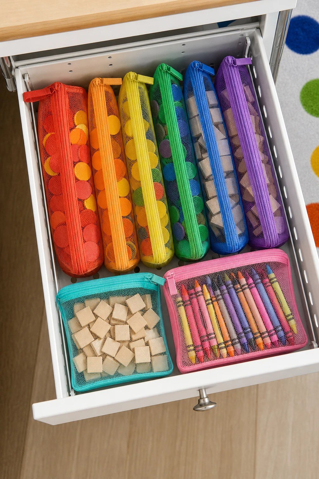 Mesh zipper pouches holding classroom manipulatives