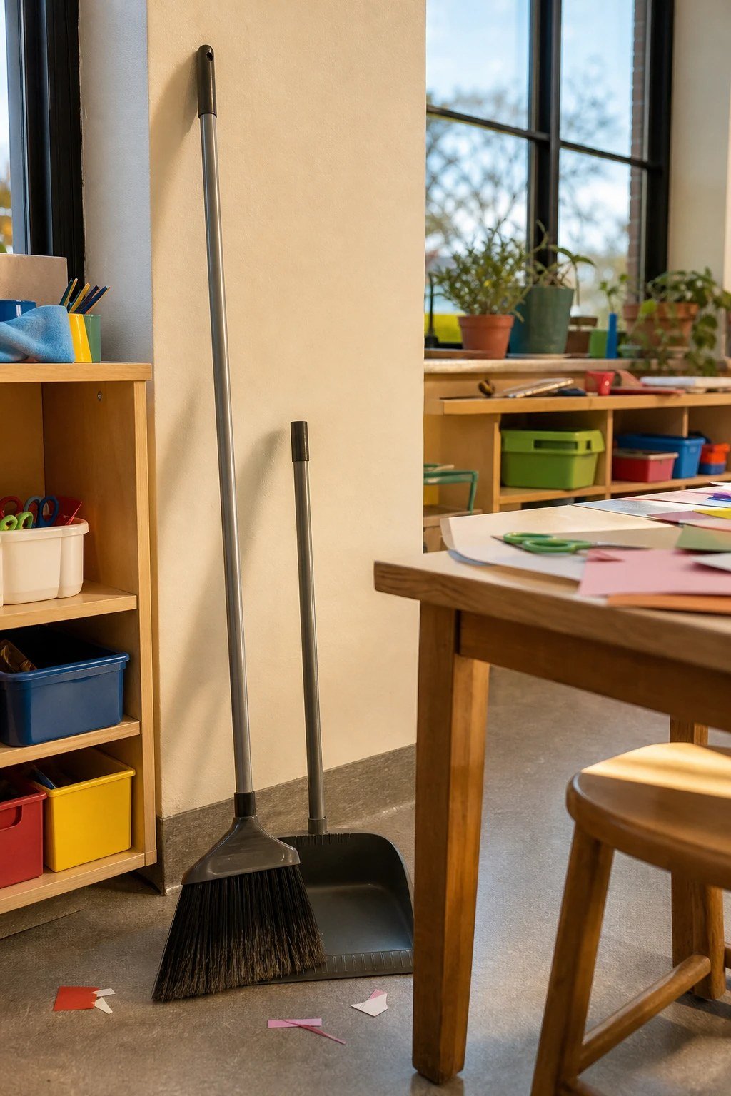 Broom and dustpan in a classroom