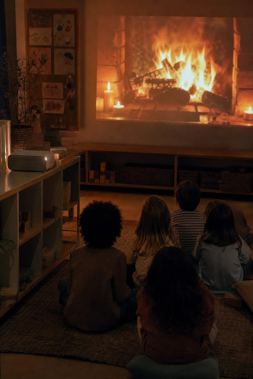 Mini projector showing a fireplace on a classroom wall