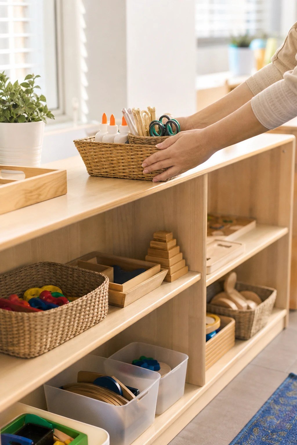 Teacher placing a basket of supplies on a tidy classroom shelf