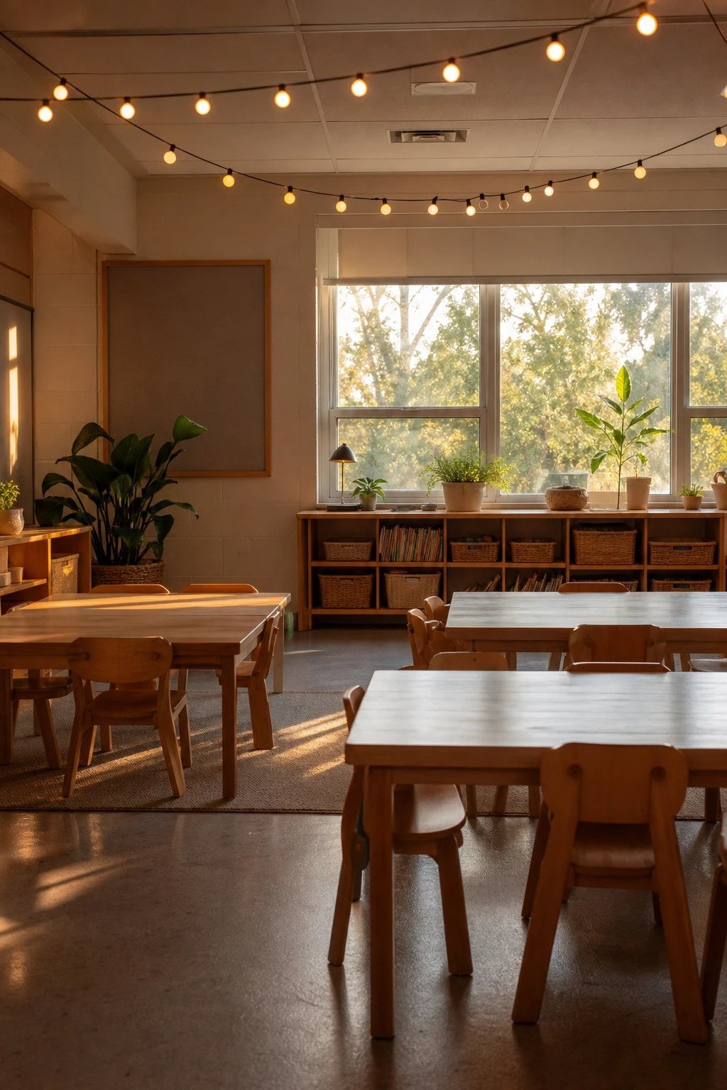 Calm empty classroom with warm string lights at the end of the day