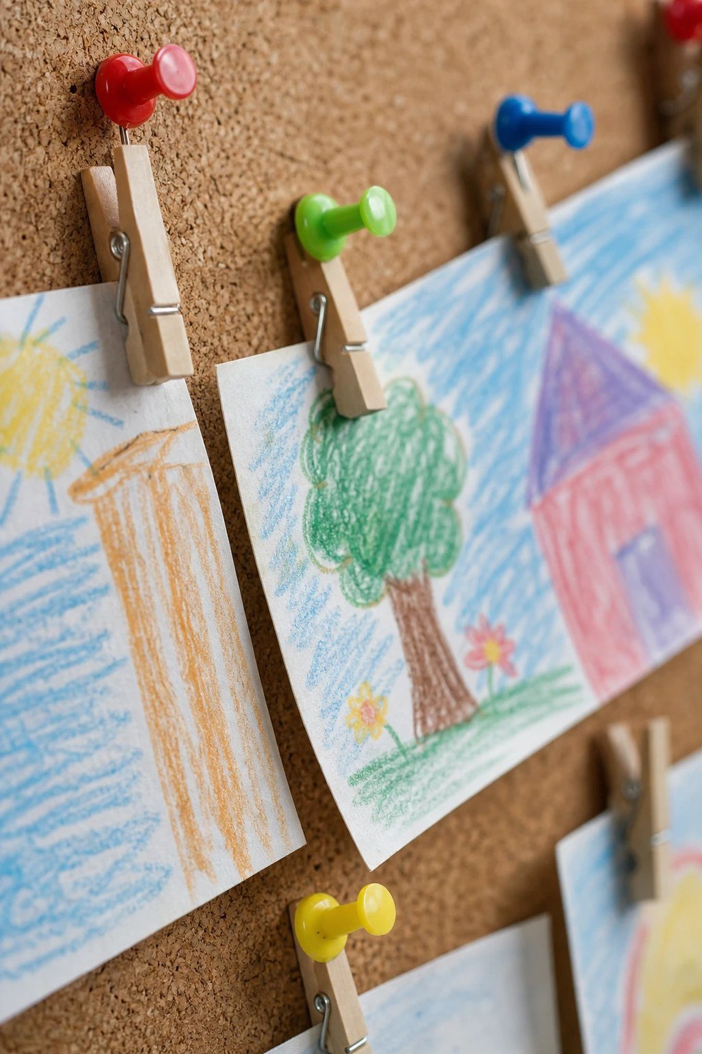 Push pins with wooden clips holding student drawings