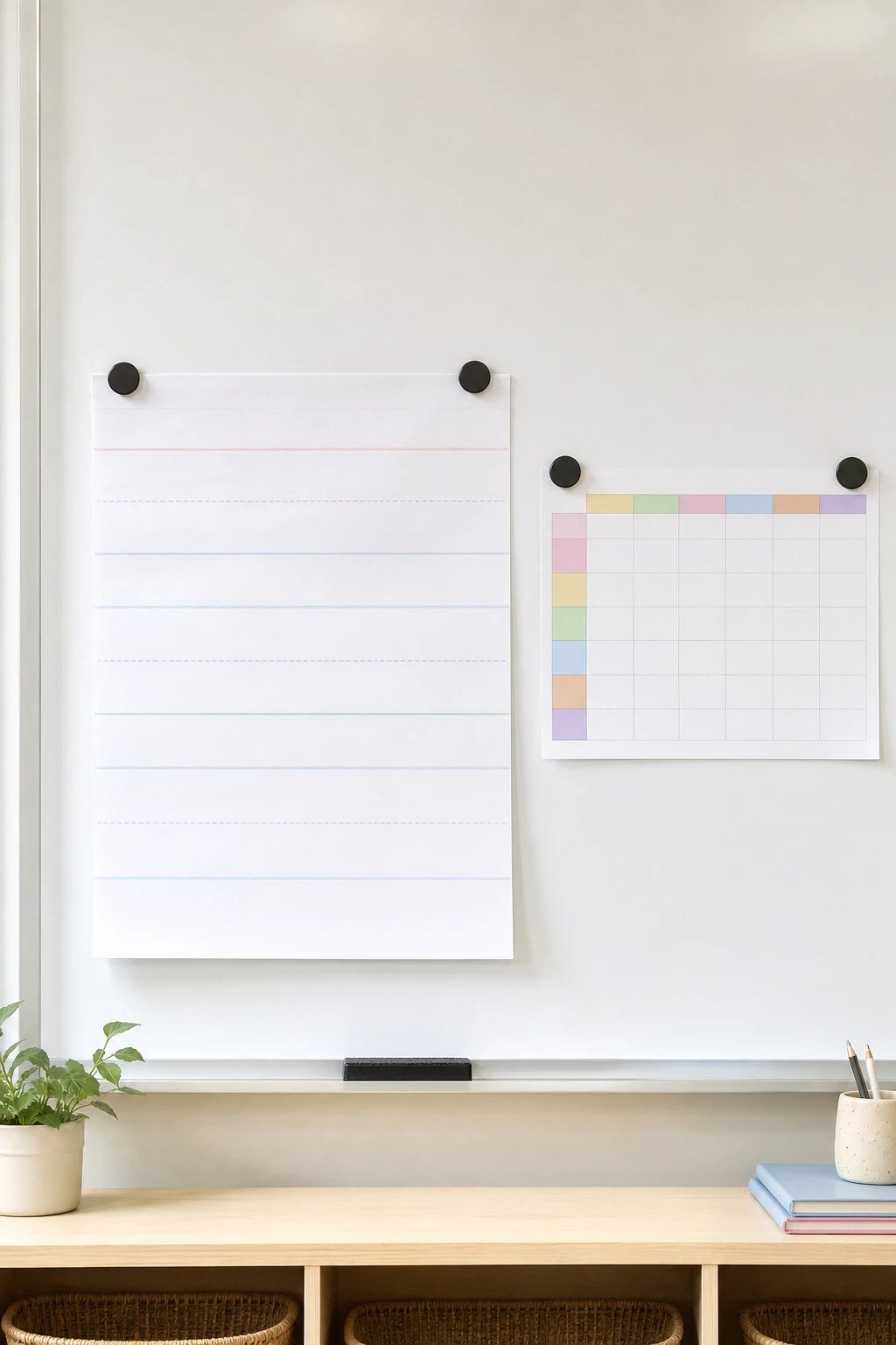 Magnetic clips holding charts on a whiteboard