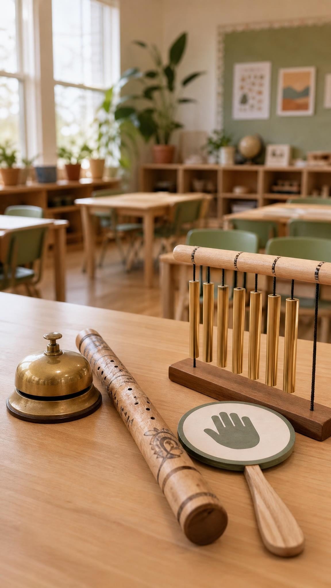 Teacher quiet signal tools: brass bell, rain stick, traffic light timer and cards
