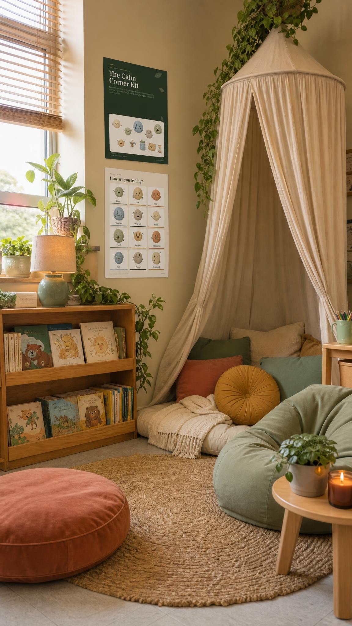 Classroom reading nook with a front facing bookshelf, teepee, rug and fairy lights