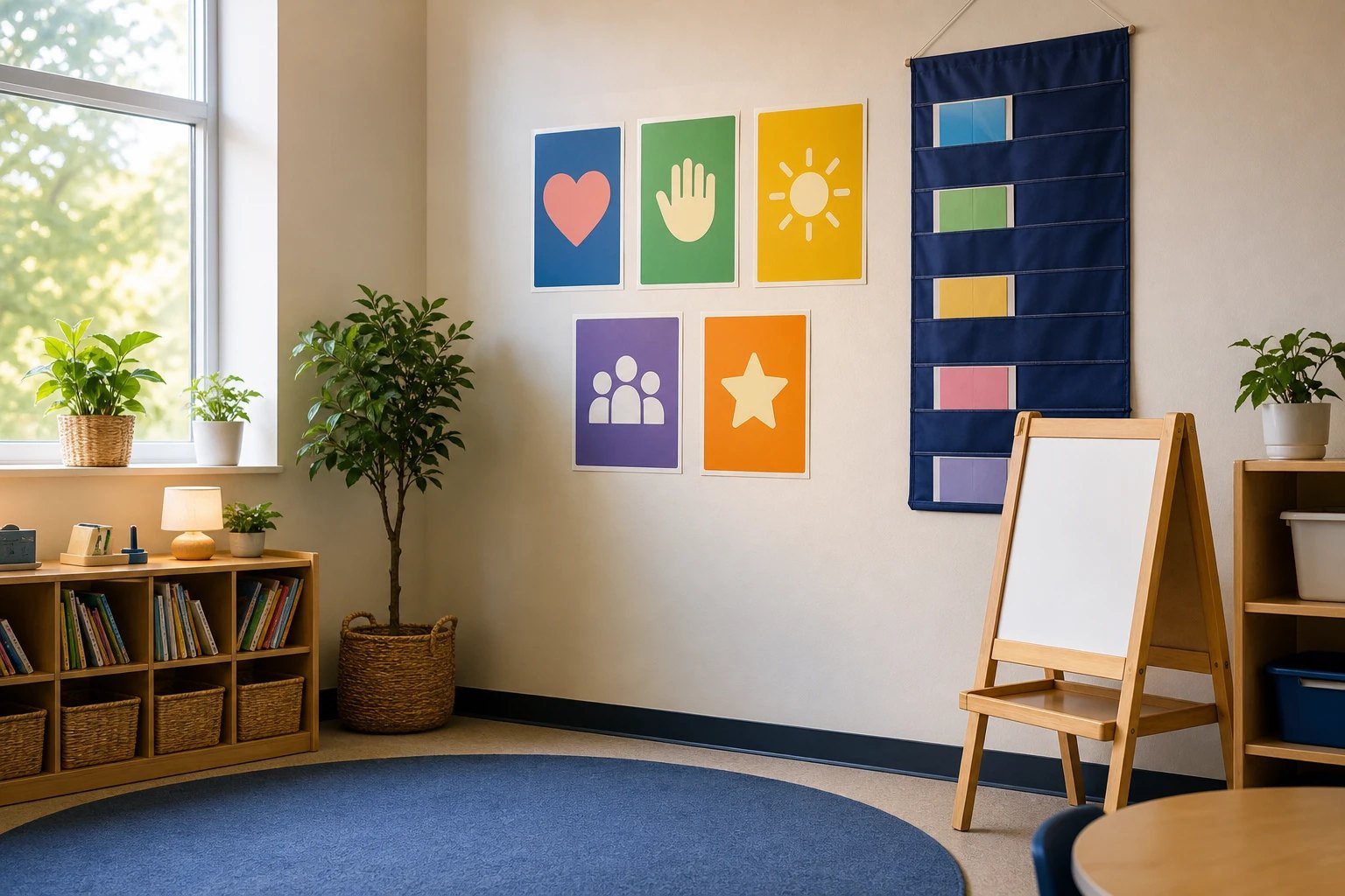 A bright classroom wall with a simple picture-based rules chart above a meeting rug