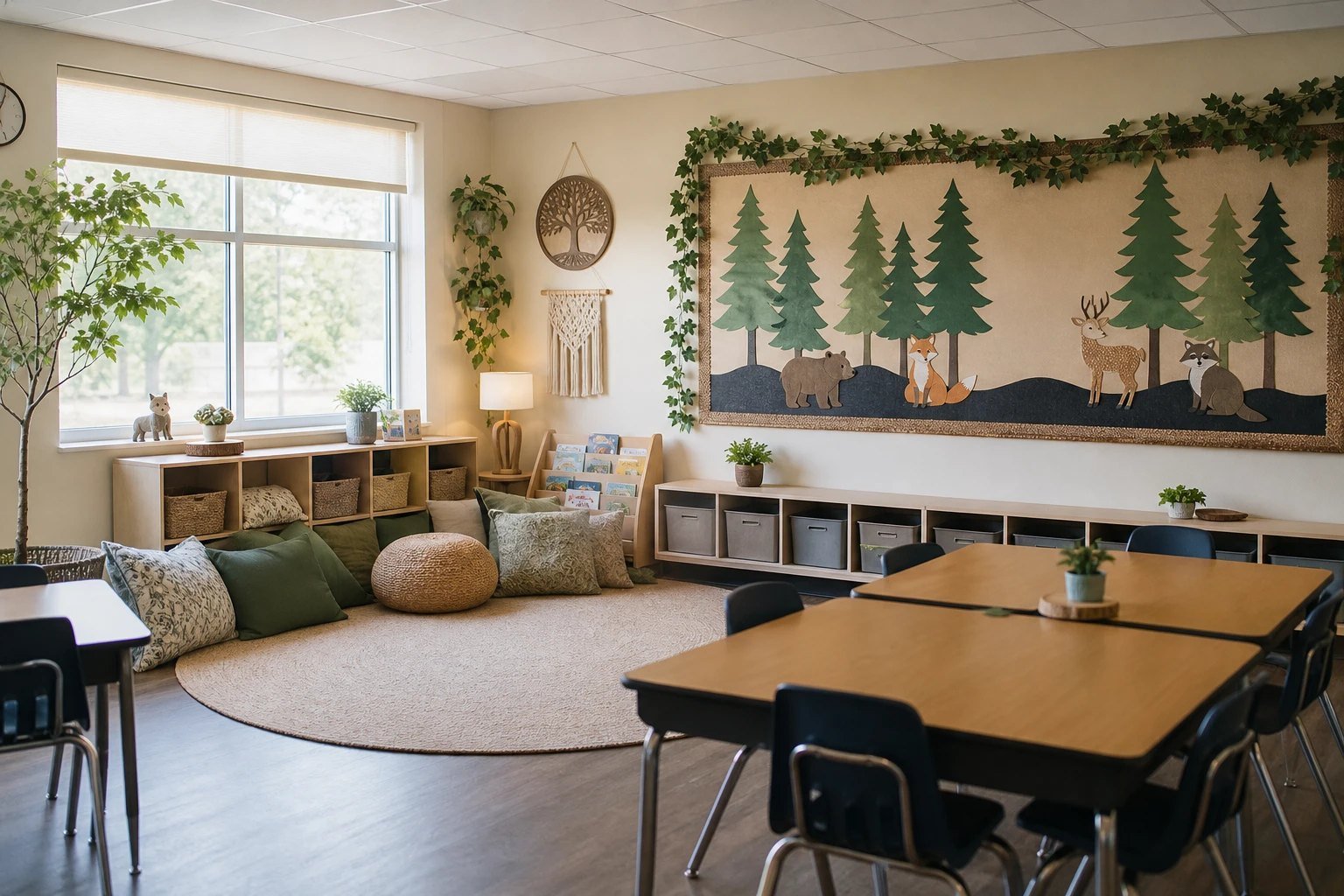 A bright elementary classroom with a woodland theme, a forest bulletin board, green vines and a cozy reading corner