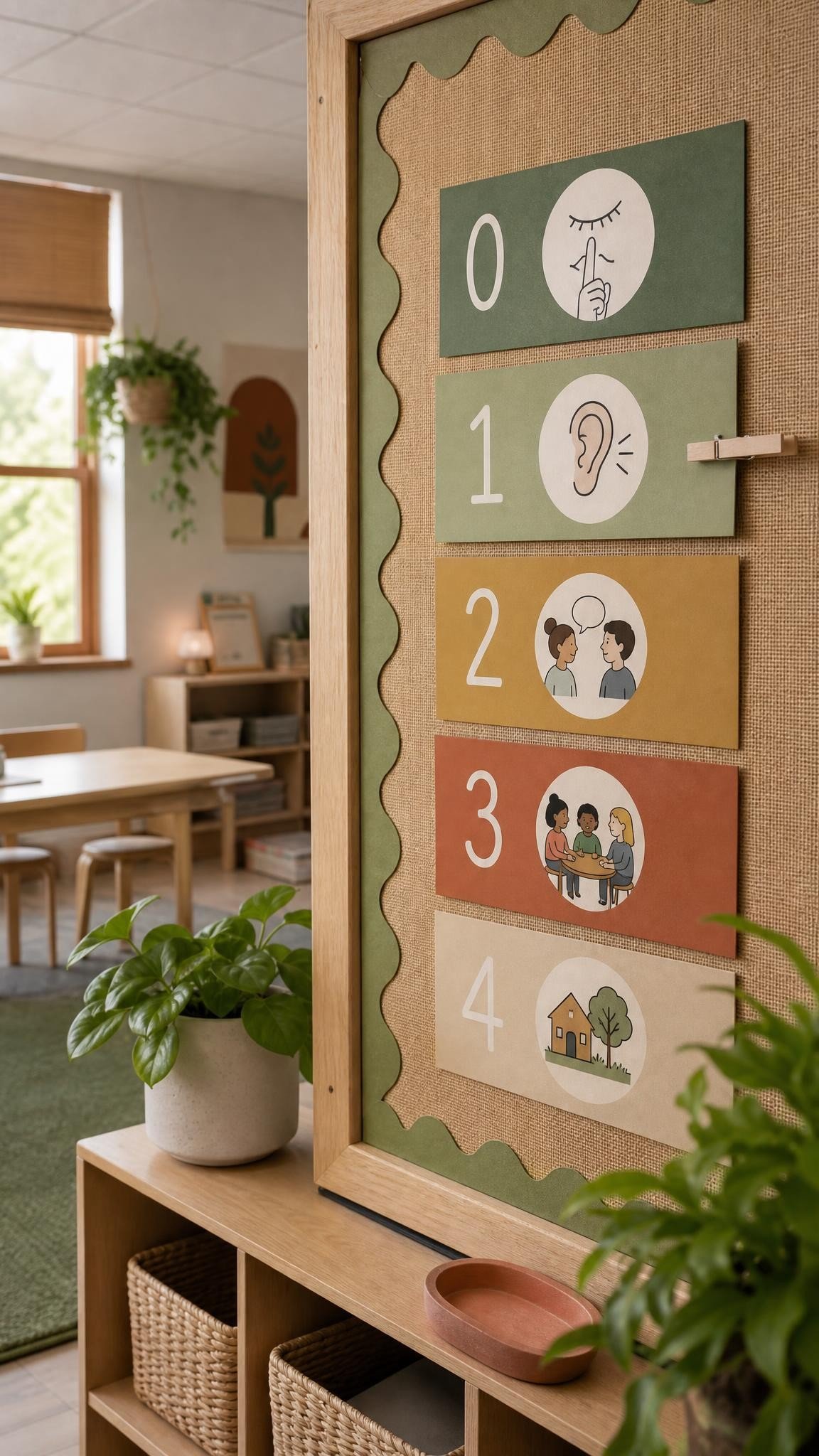 Classroom voice level chart with five colored bands and simple faces from silent to loud