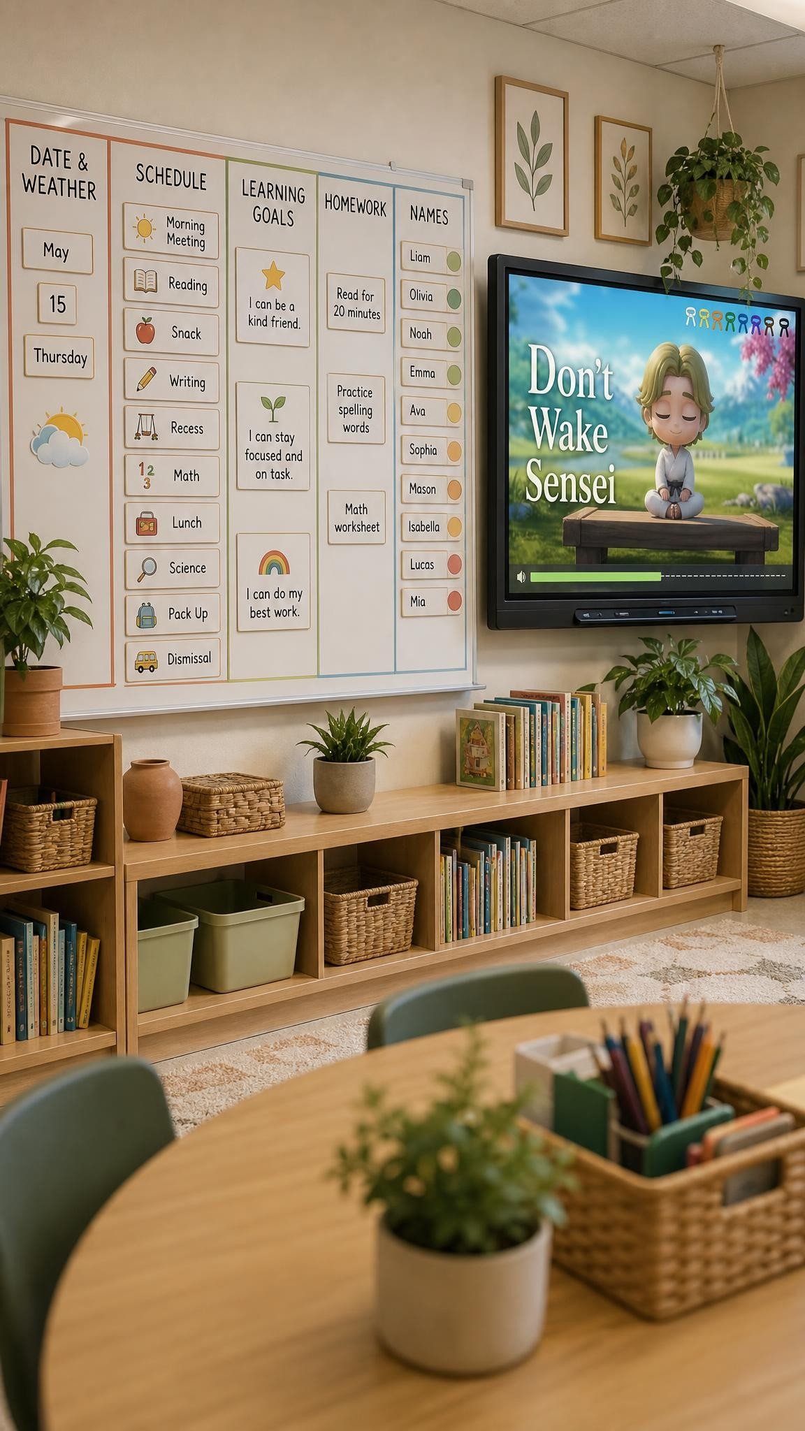 Organized classroom whiteboard divided into zones with colored magnetic strips, name magnets and a pocket chart