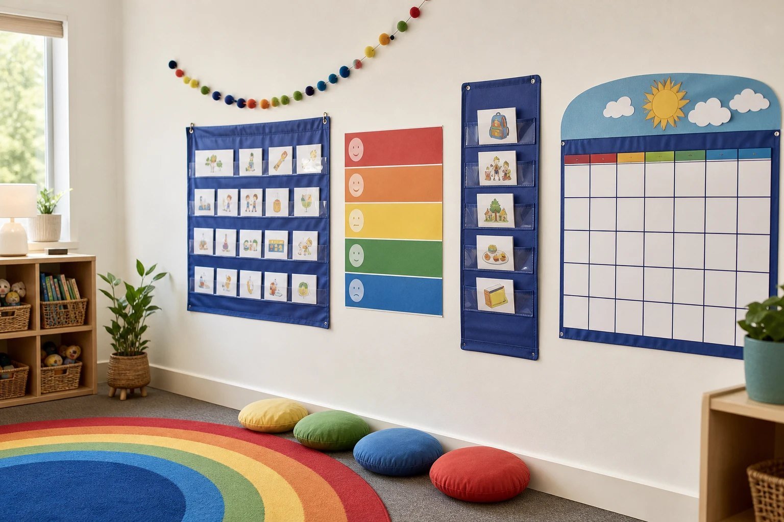 A bright elementary classroom wall with a colorful pocket chart, a picture schedule and a voice level chart at child height