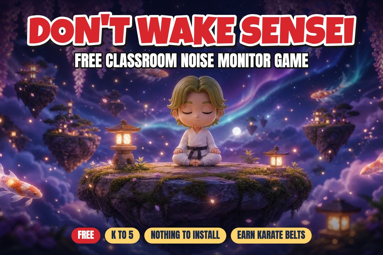 Don't Wake Sensei free classroom noise monitor game, Sensei meditating in the Spirit Realm