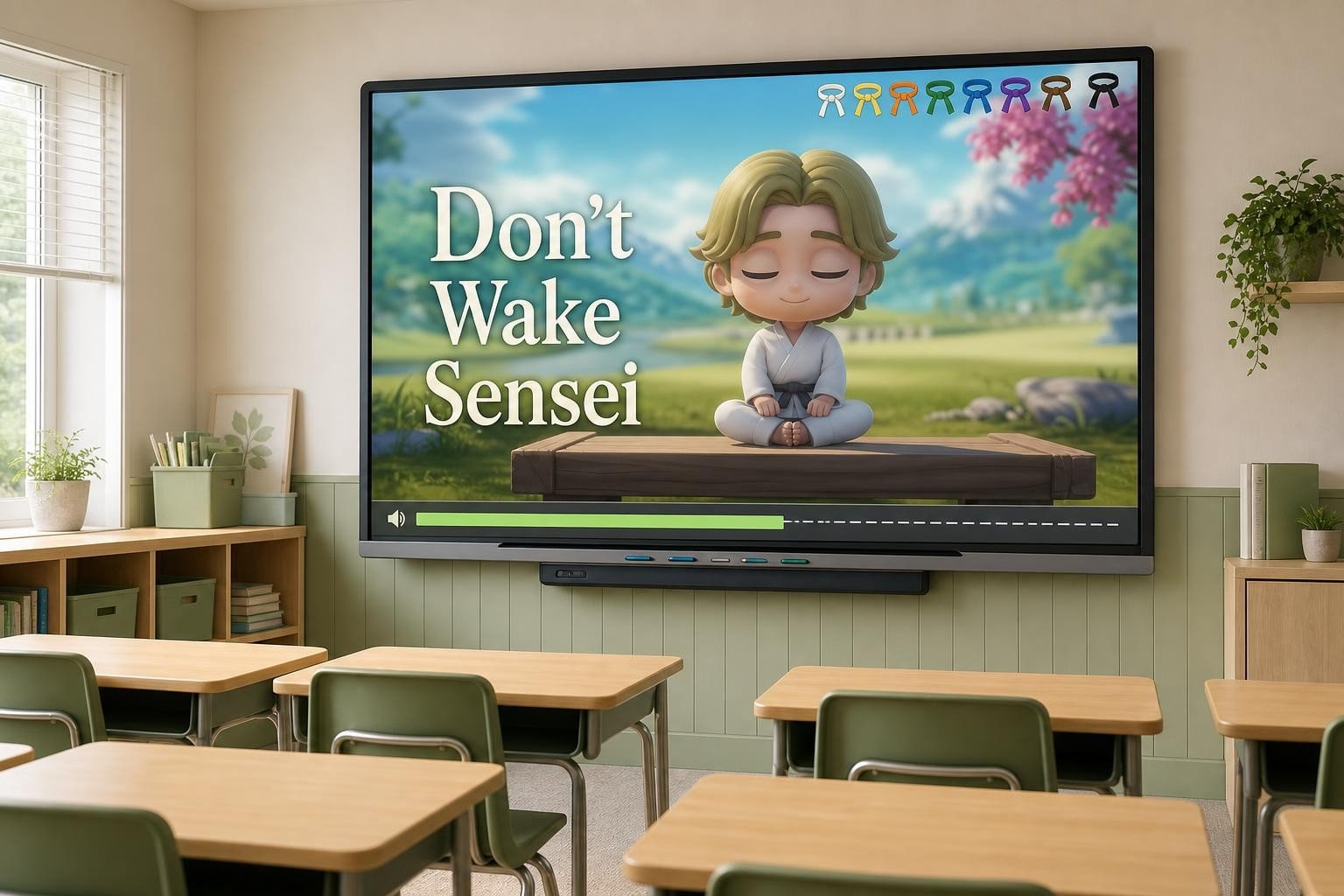 Don't Wake Sensei free classroom noise monitor game on a classroom whiteboard