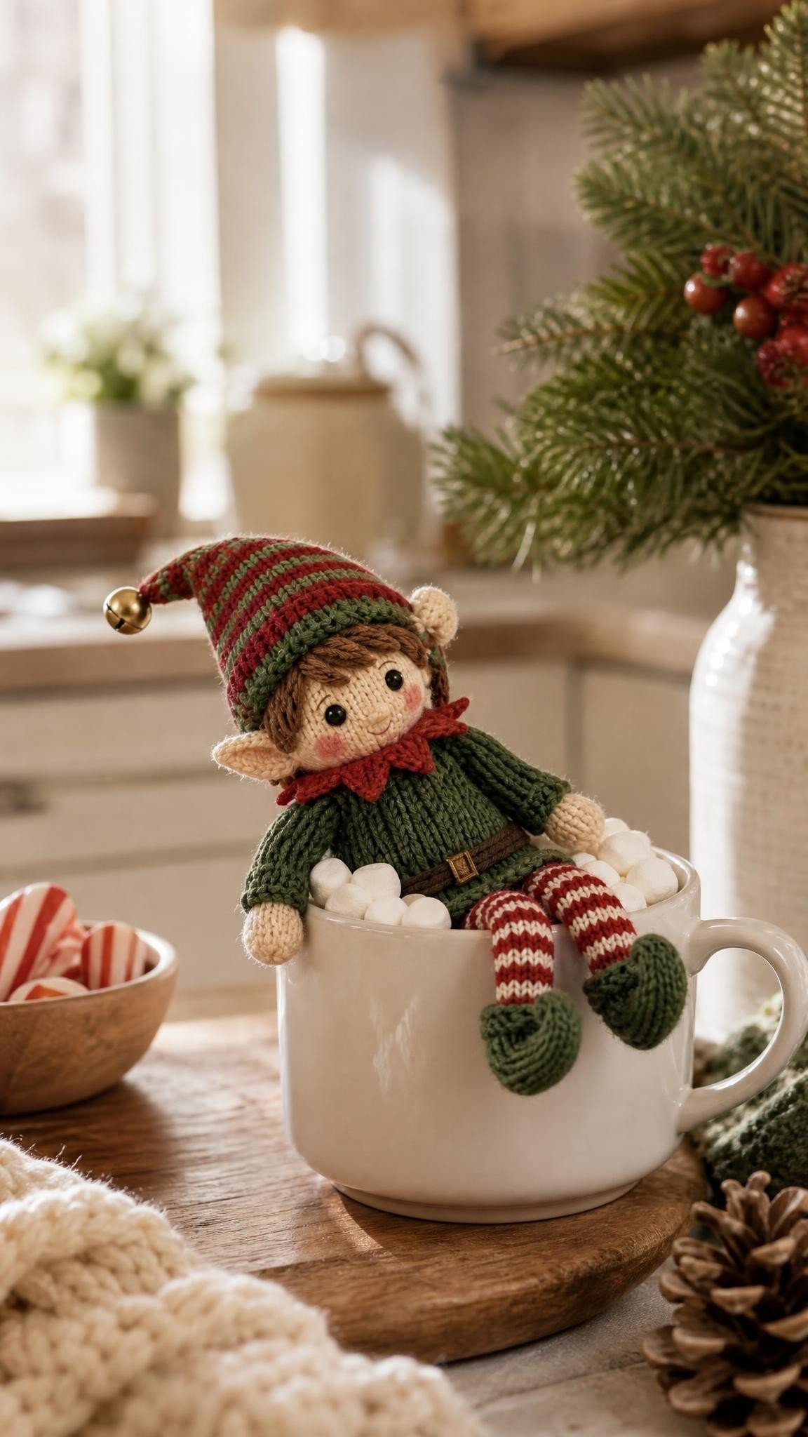 Knitted elf doll sitting in a white mug of mini marshmallows on a kitchen counter