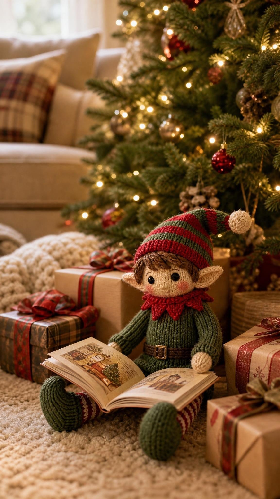 Knitted elf doll sitting under a lit Christmas tree with an open picture book on its lap