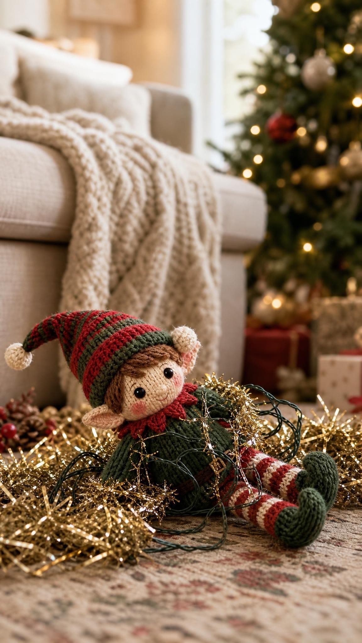 Knitted elf doll tangled in gold tinsel and string lights on a living room rug
