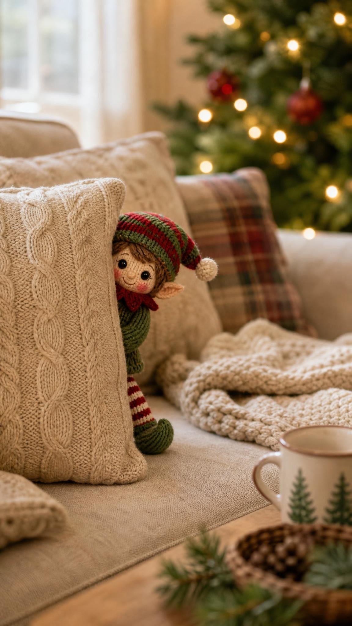 Knitted elf doll hiding behind a knitted sofa cushion with only its head and one striped leg peeking out