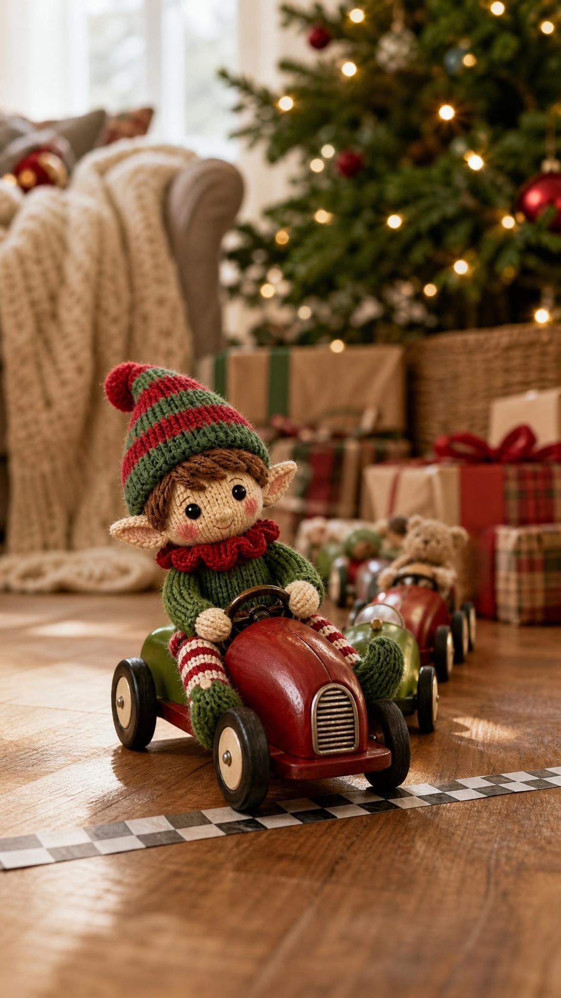 Knitted elf doll riding a toy car racing across a wooden floor toward a paper finish line
