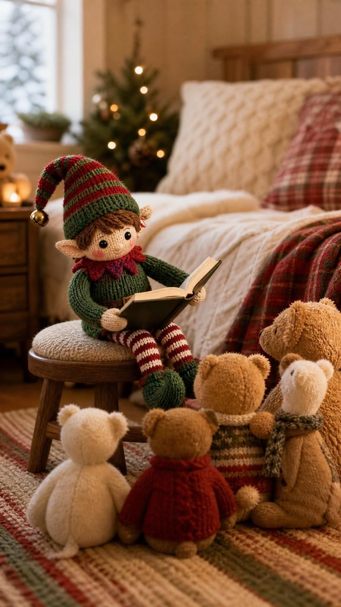 Knitted elf doll reading an open book to a row of teddy bears and stuffed animals