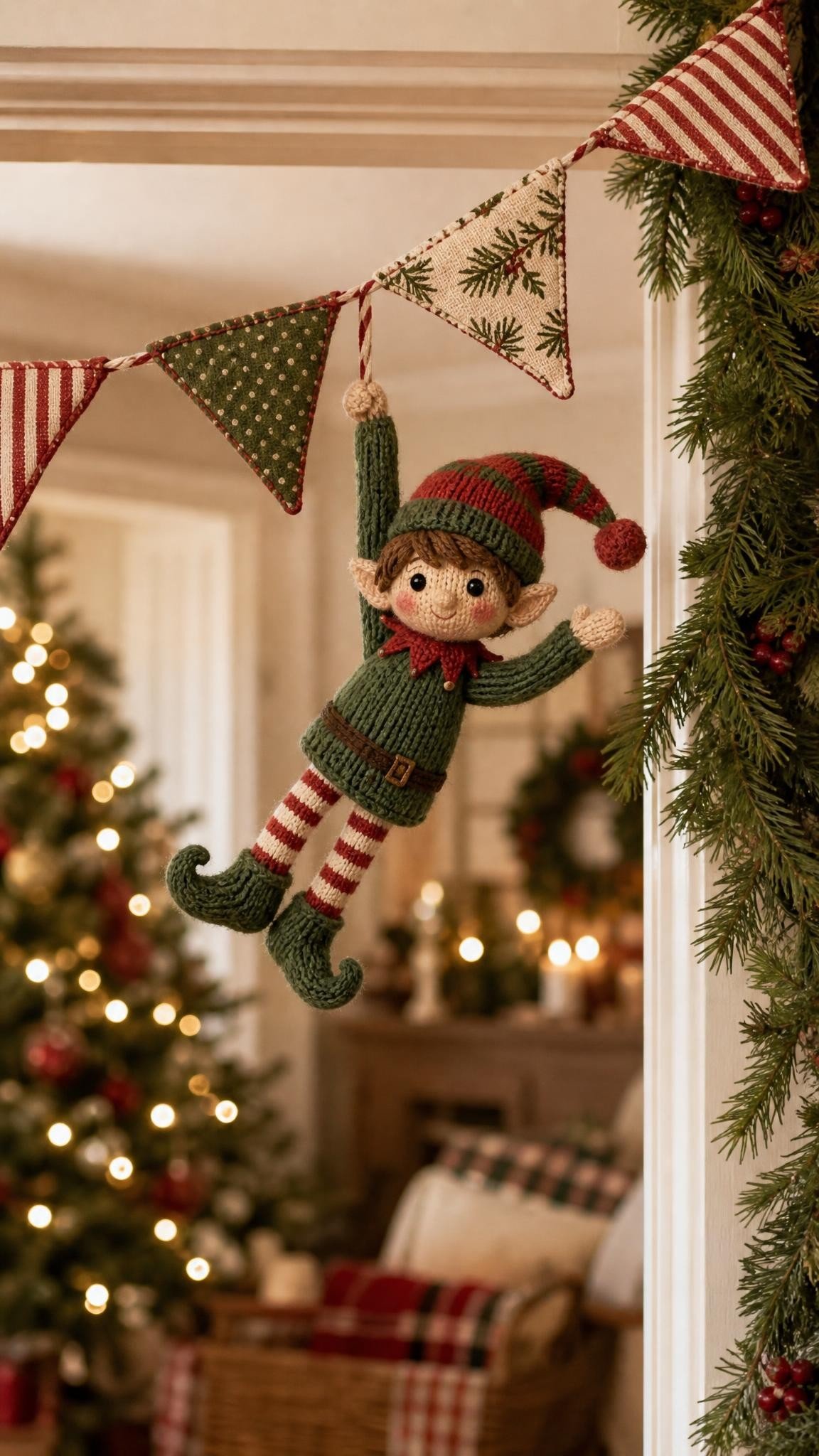 Knitted elf doll hanging by one hand from festive fabric bunting over a doorway