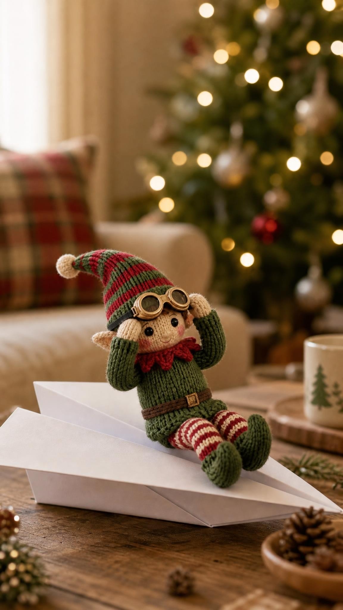 Knitted elf doll sitting on a large white paper airplane on a coffee table wearing tiny goggles