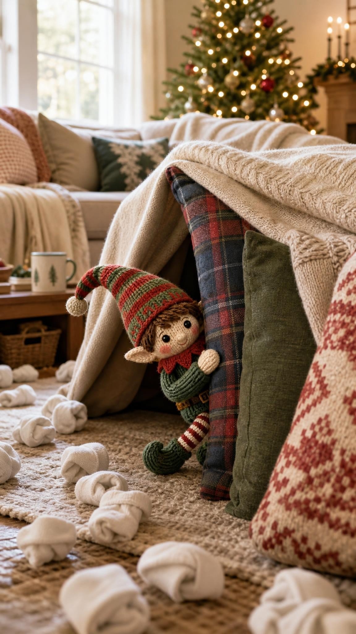 Knitted elf doll peeking from a cushion fort with rolled white socks scattered like snowballs