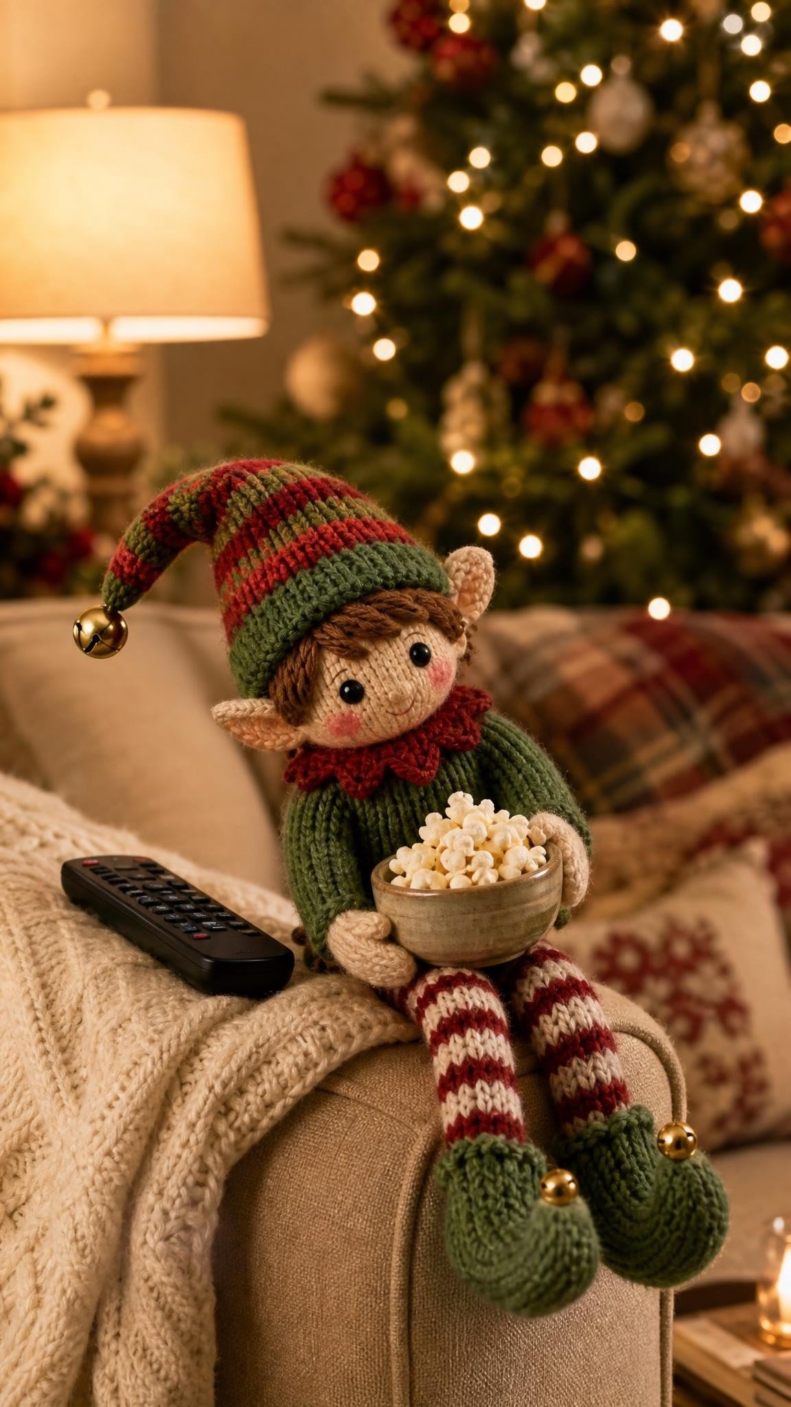 Knitted elf doll on a sofa arm with a tiny bowl of popcorn and a TV remote
