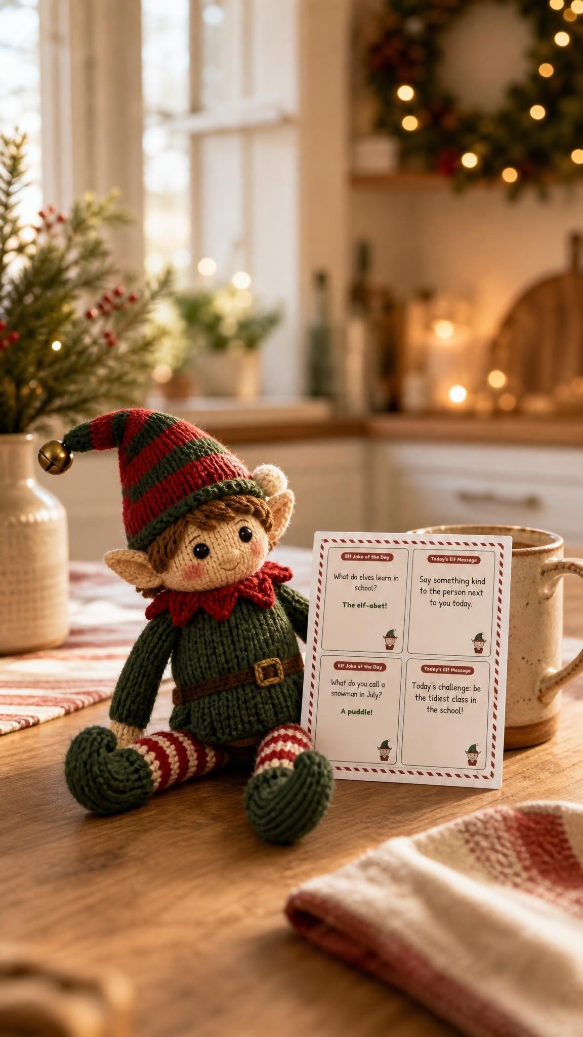 Knitted elf doll on a kitchen table next to a printed elf joke card propped against a mug