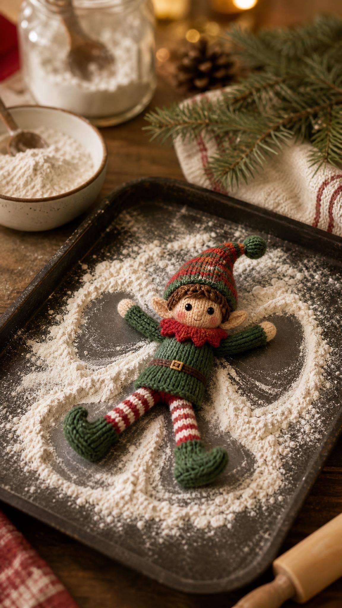 Knitted elf doll lying on its back making a snow angel in a thin layer of flour on a dark baking tray