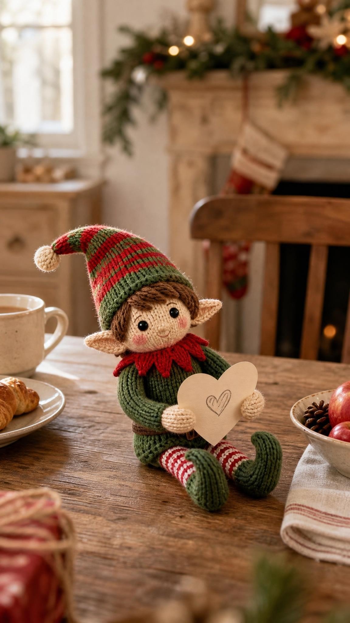 Knitted elf doll holding a heart-shaped kindness note on a breakfast table