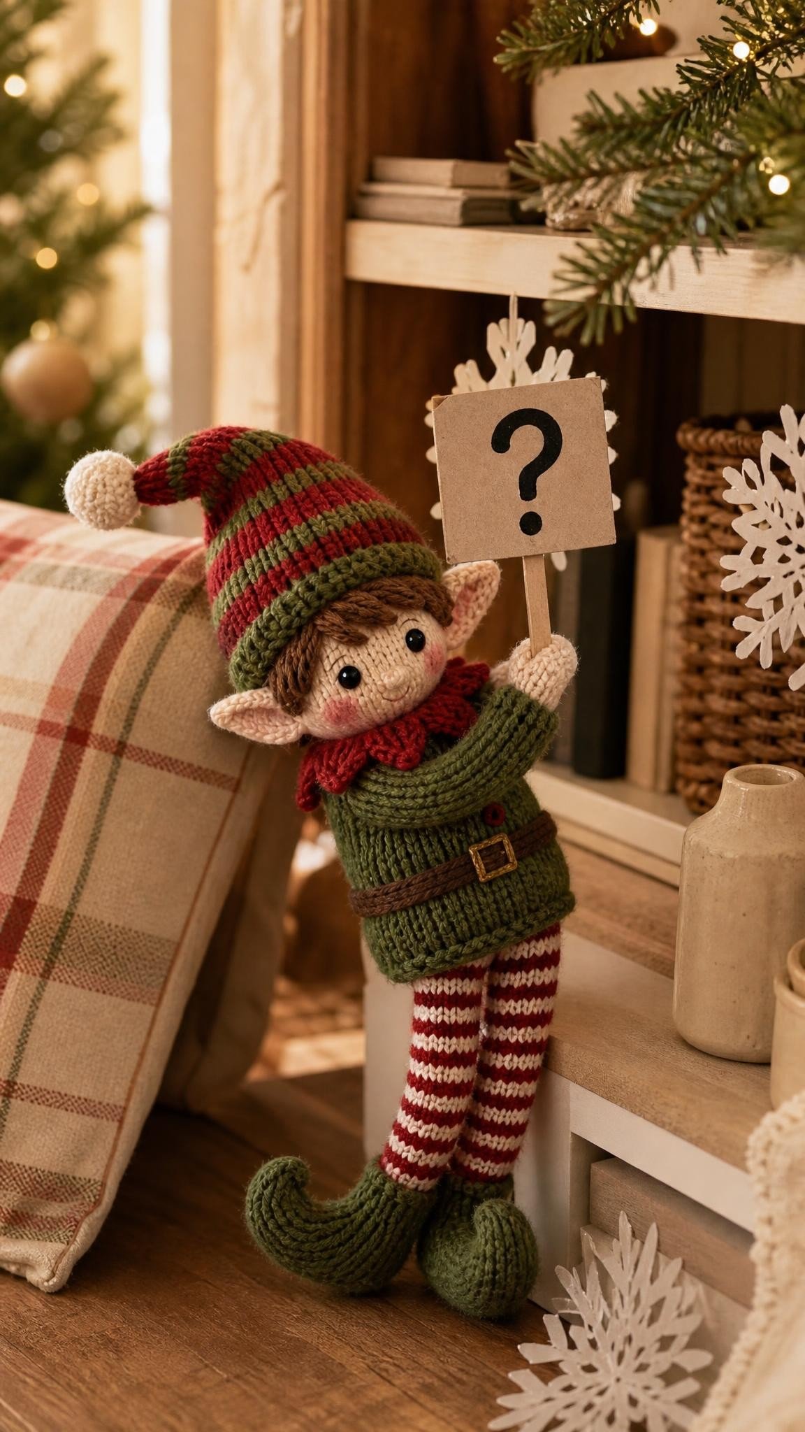 Knitted elf doll holding a question mark sign with paper snowflakes hidden on a living room shelf