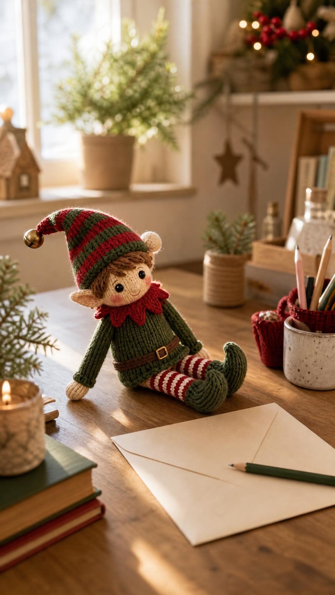 Knitted elf doll sitting next to a blank envelope and a pencil on a child's desk