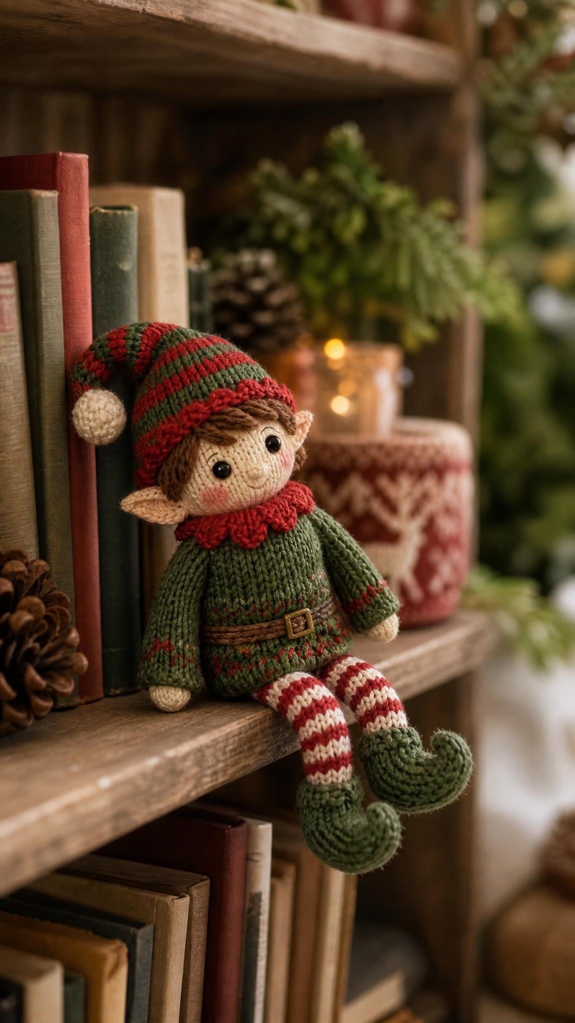 Knitted elf doll wearing a tiny Christmas sweater on a bookshelf