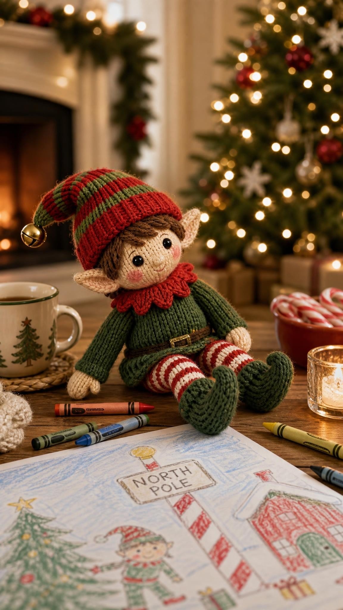 Knitted elf doll next to crayons and a child's drawing of the North Pole