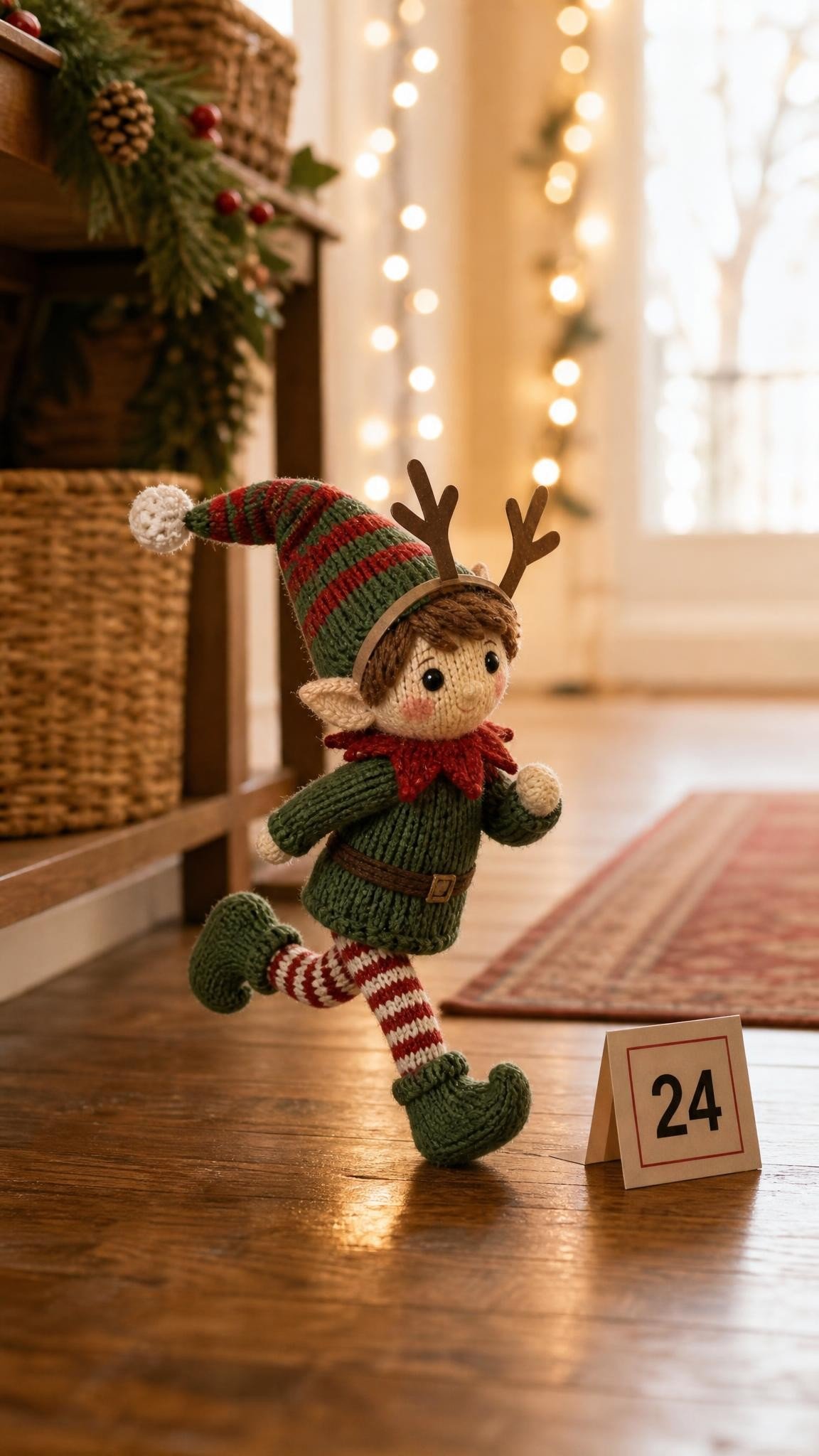Knitted elf doll wearing a paper reindeer headband in a running pose next to a race number