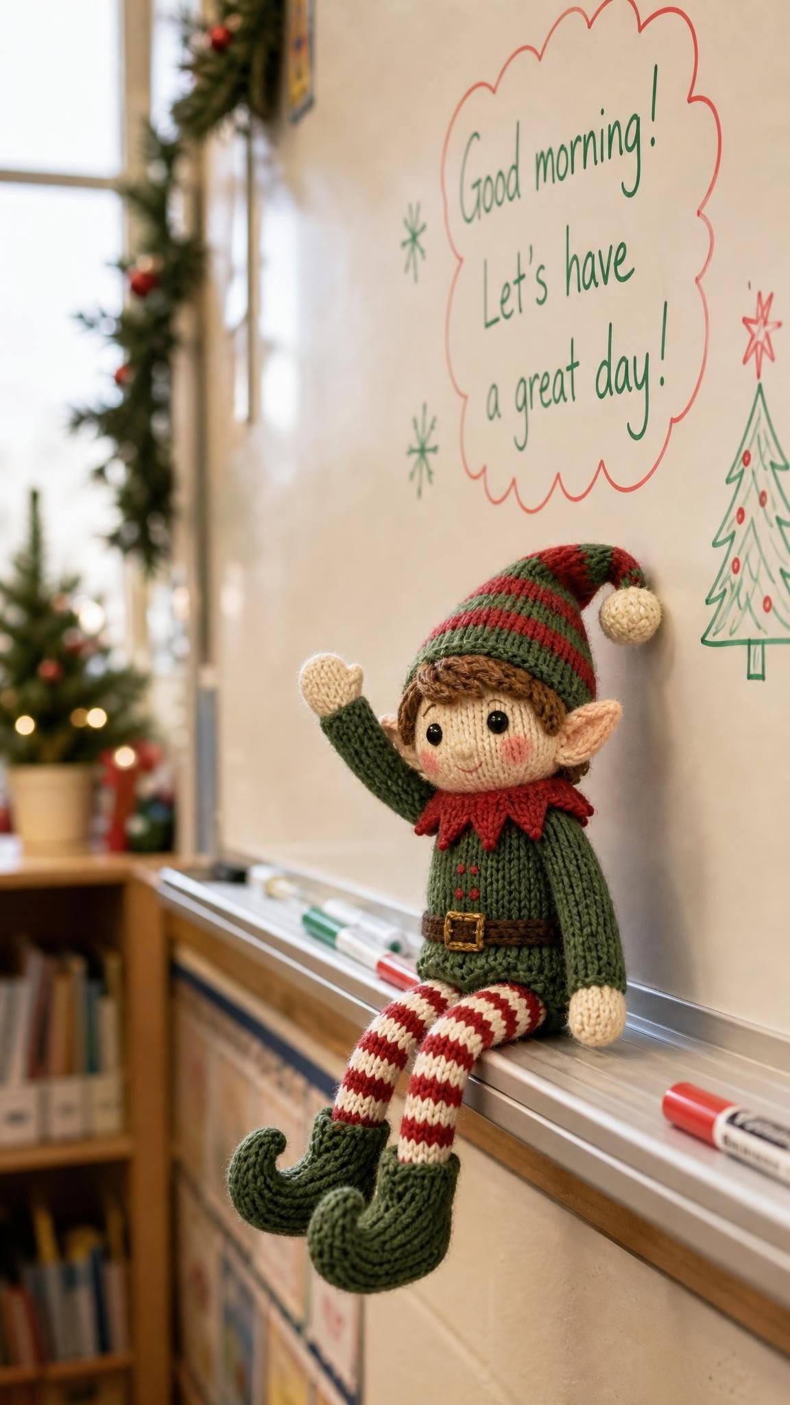 Knitted elf doll waving from a classroom whiteboard ledge under a morning message