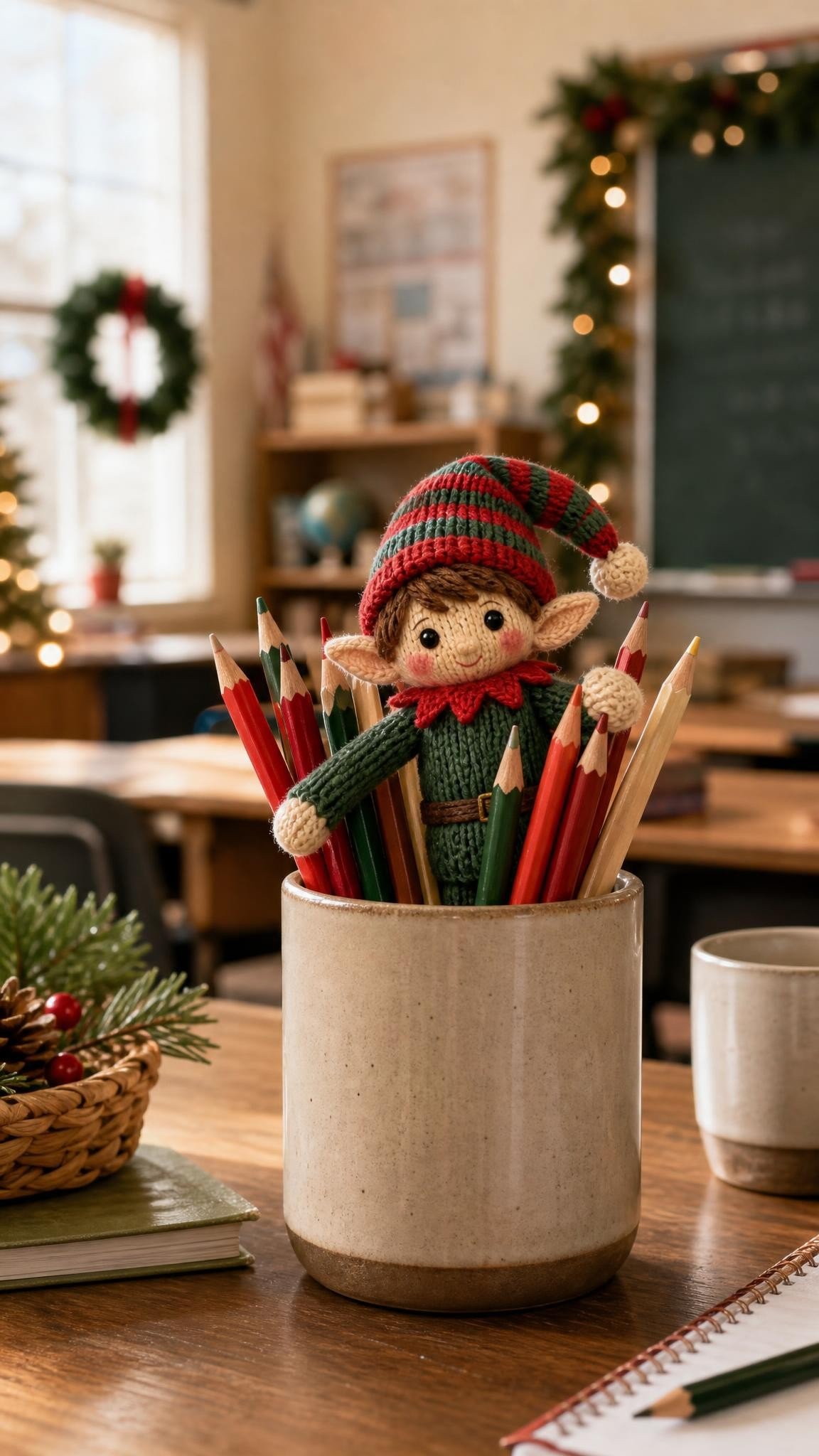 Knitted elf doll poking out of a teacher's pencil cup full of colored pencils